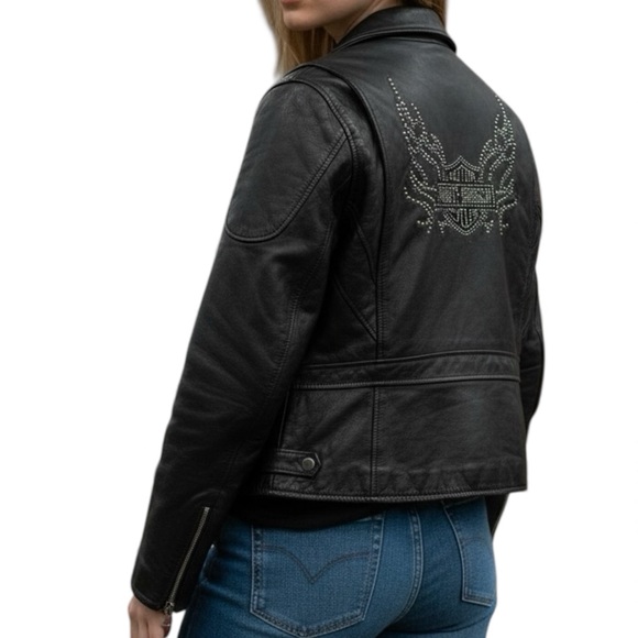 Harley Davidson Authentic Black Leather Studded Flame Bar & Shield Moto Jacket - Picture 4 of 16